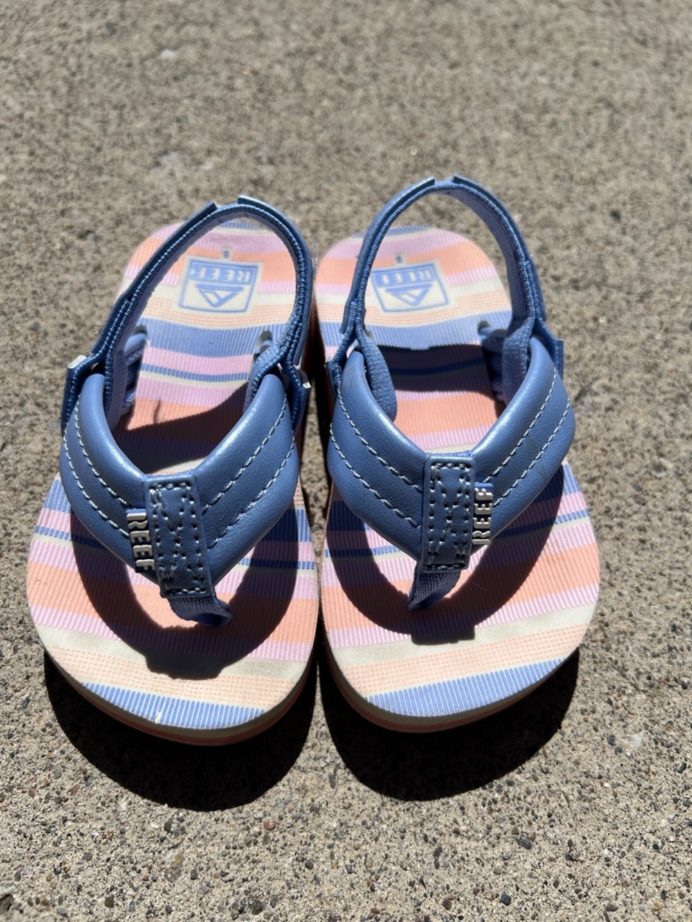 Reef Kids Blue Strap Sandals with Pink & Cream Striped Footbed